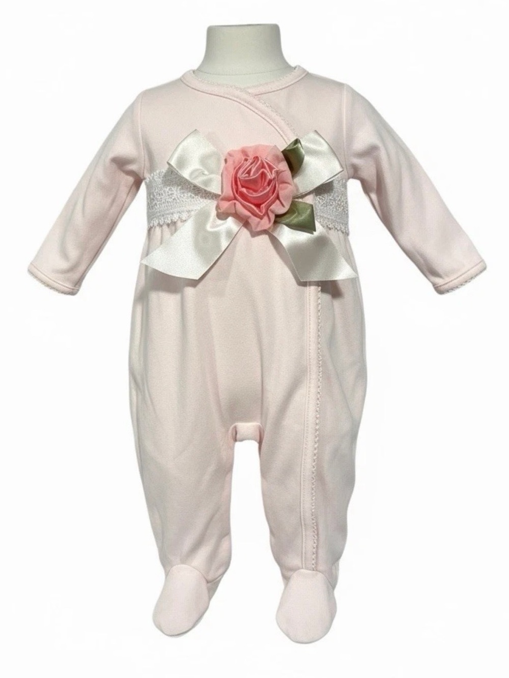 Baby Pink Floral Bow Footed One-Piece